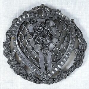 Vintage Metzke Pewter Heart Rose Bow Lattice Wall Hanging